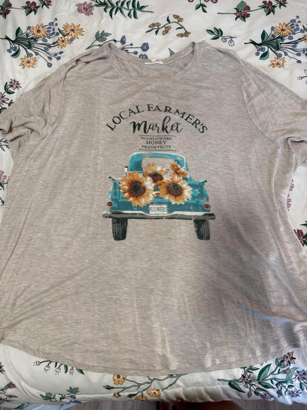 Maurices Beige Graphic Tee with Turquoise Truck and Sunflowers